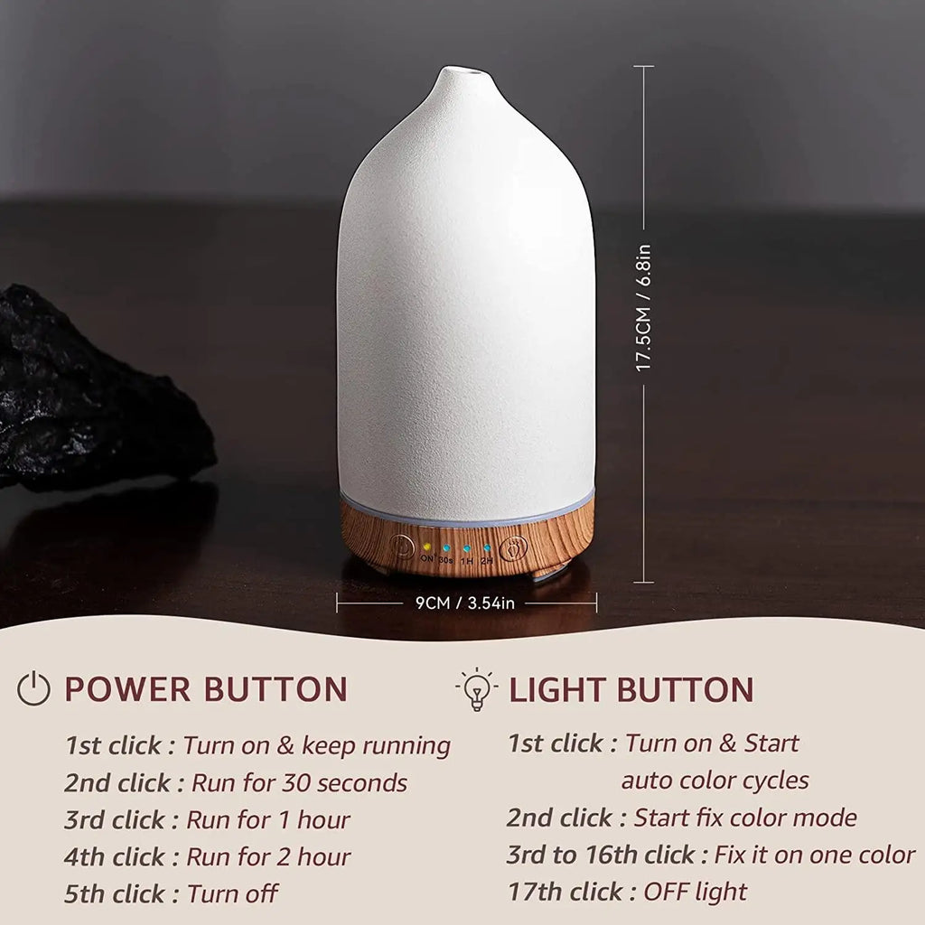 100ml Ceramic Essential Oil Diffuser for Bedroom Home Office Ultrasonic Humidifier Aroma Diffuser with 7 Colors Night Light