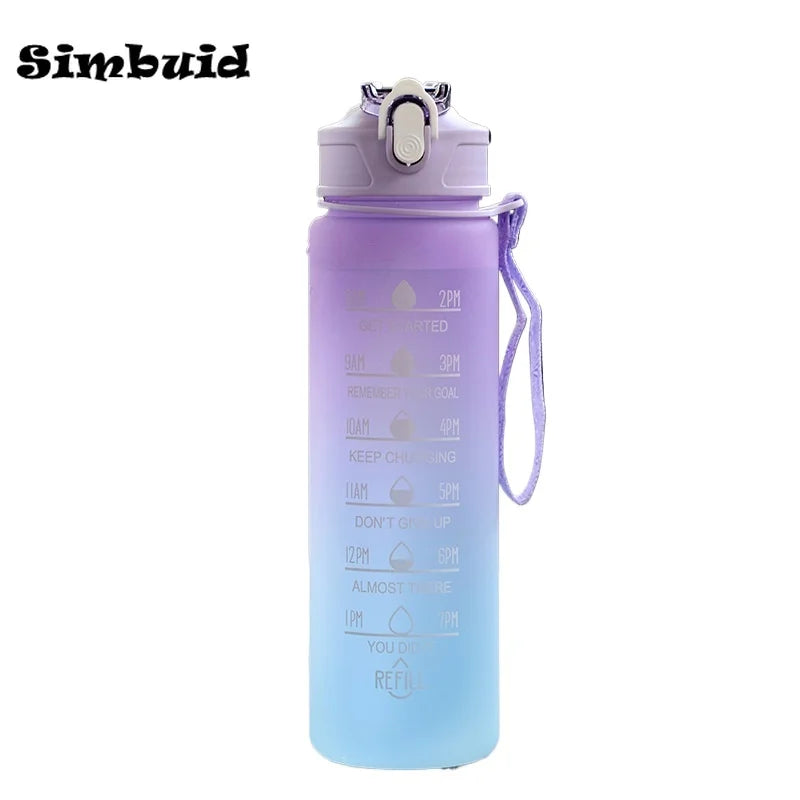 600ML/750ML/1000ML Sports Bottle with Time Scale Outdoor Gradient Color Drinking Bottle Portable Fitness Motivational Straw Mug