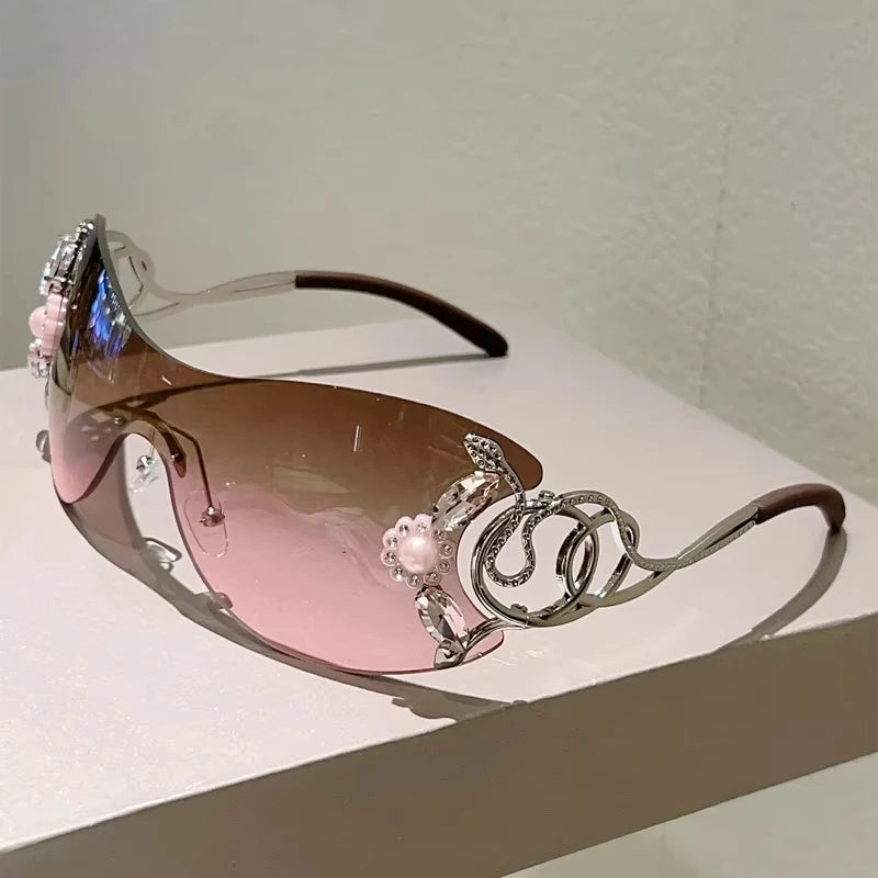 Rimless Y2k Sunglasses with Rhinestones Women Fashion Monoblock Outdoor Decor Shades Trendy Design Gradient Sun Glasses