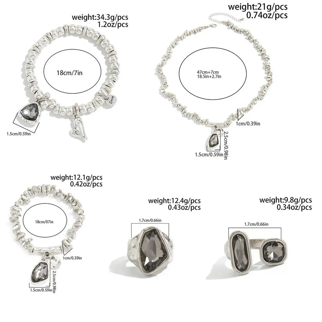 SHIXIN 5Pcs/Set Elegant Rhinestones Acrylic Beaded Necklace Bracelet Ring For Women Luxury Stackable Adjustable Open Jewelry Set