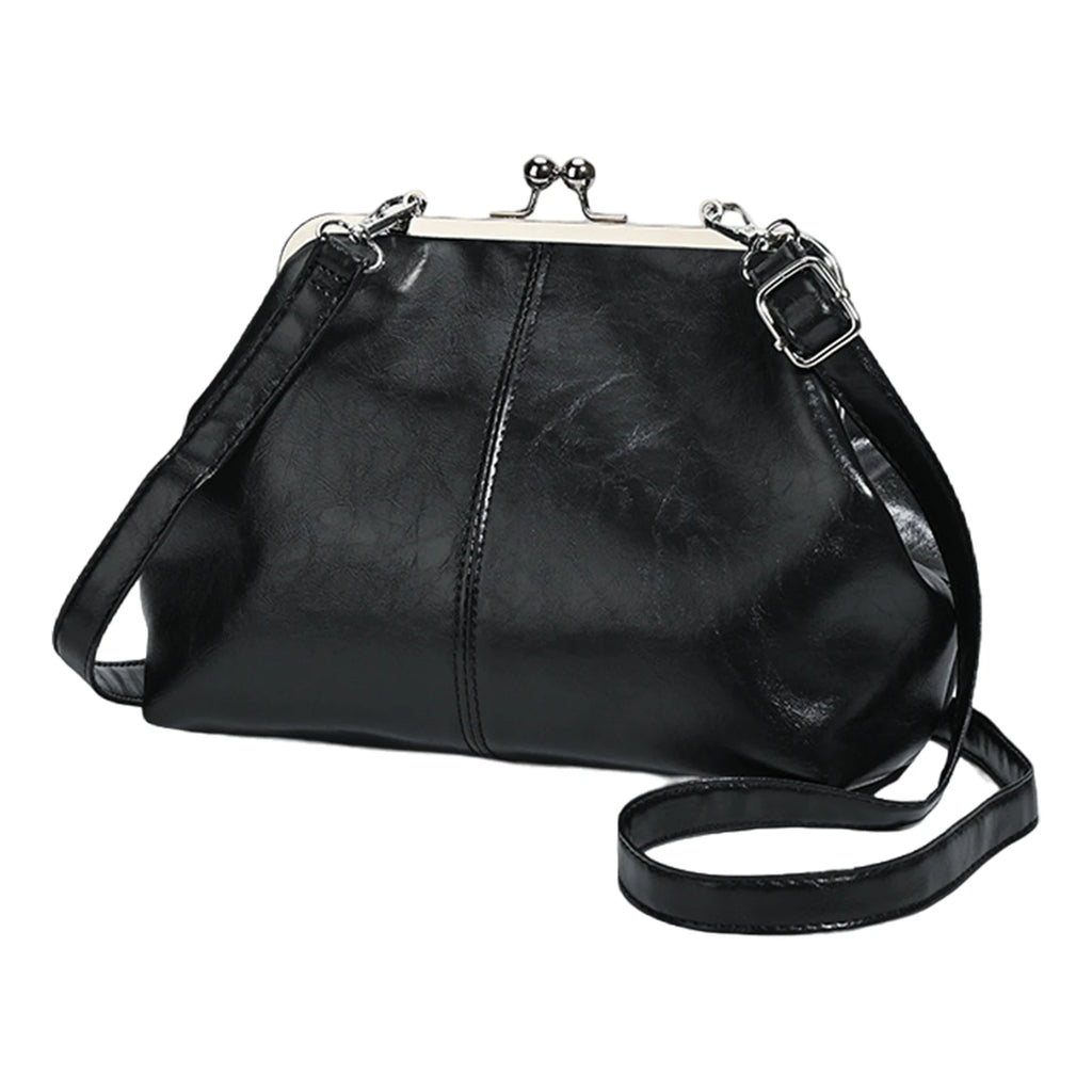 Women Girls PU Leather Large Capacity Shoulder Bag Adjustable Strap One Shoulder Crossbody Bag Elegant Kiss Lock Shoulder Bag