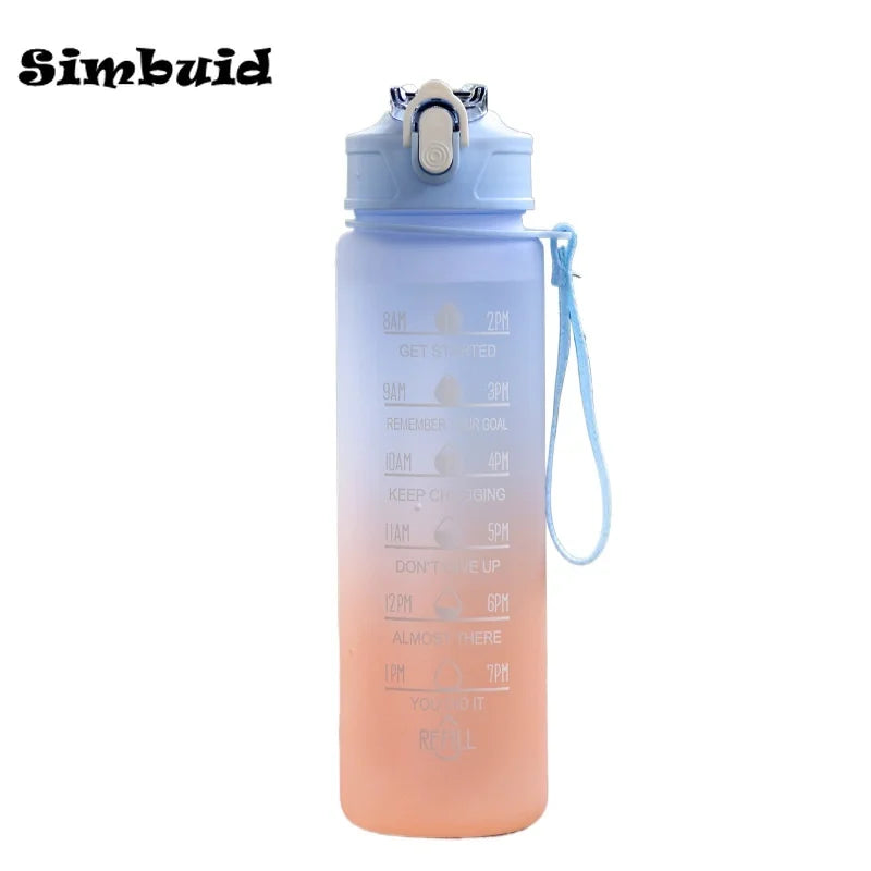 600ML/750ML/1000ML Sports Bottle with Time Scale Outdoor Gradient Color Drinking Bottle Portable Fitness Motivational Straw Mug