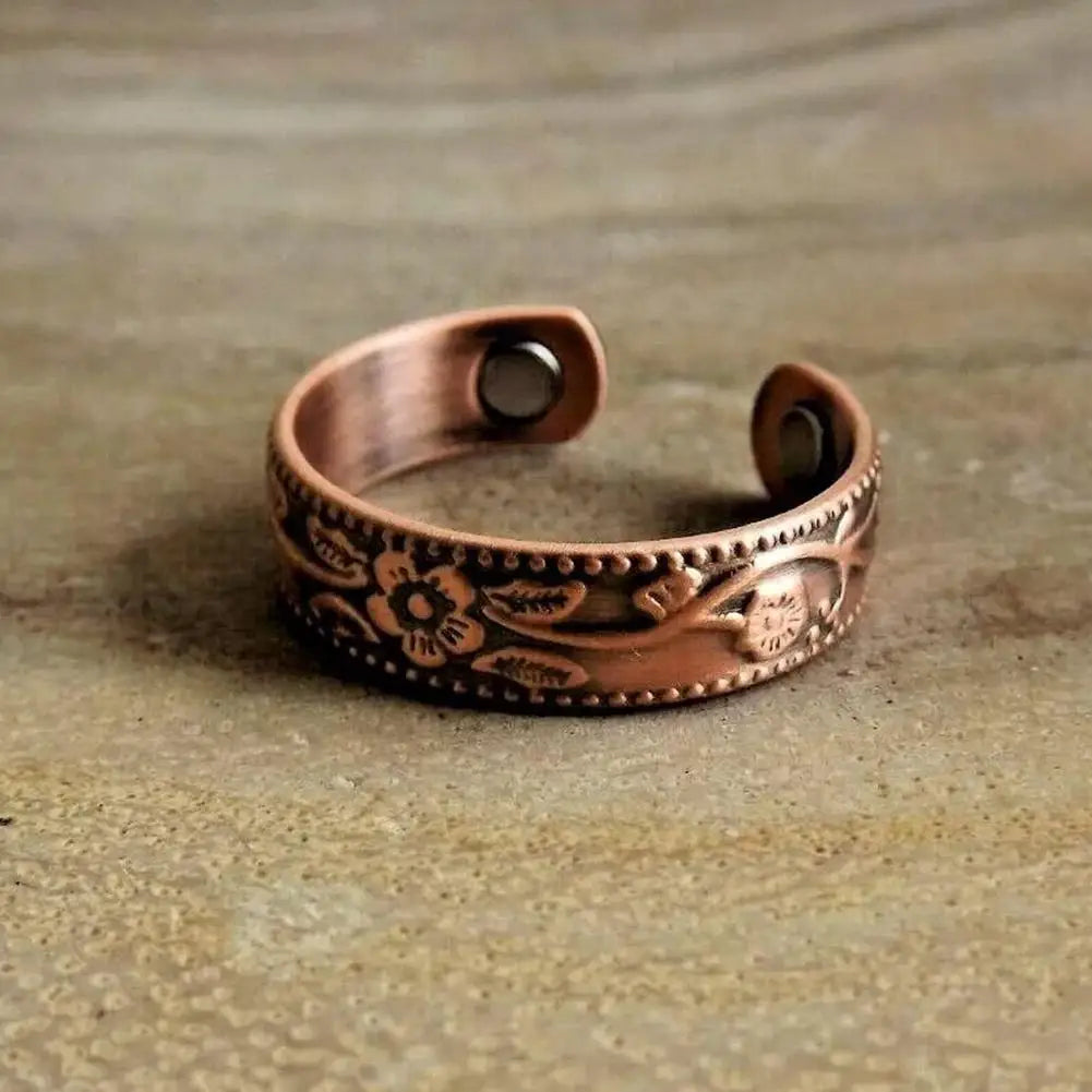 Vintage Flower Ring Bracelet Set Adjustable Magnets Cuff Banglse Arthritis Relief Pure Copper Bracelets Energy Jewelry Women Men