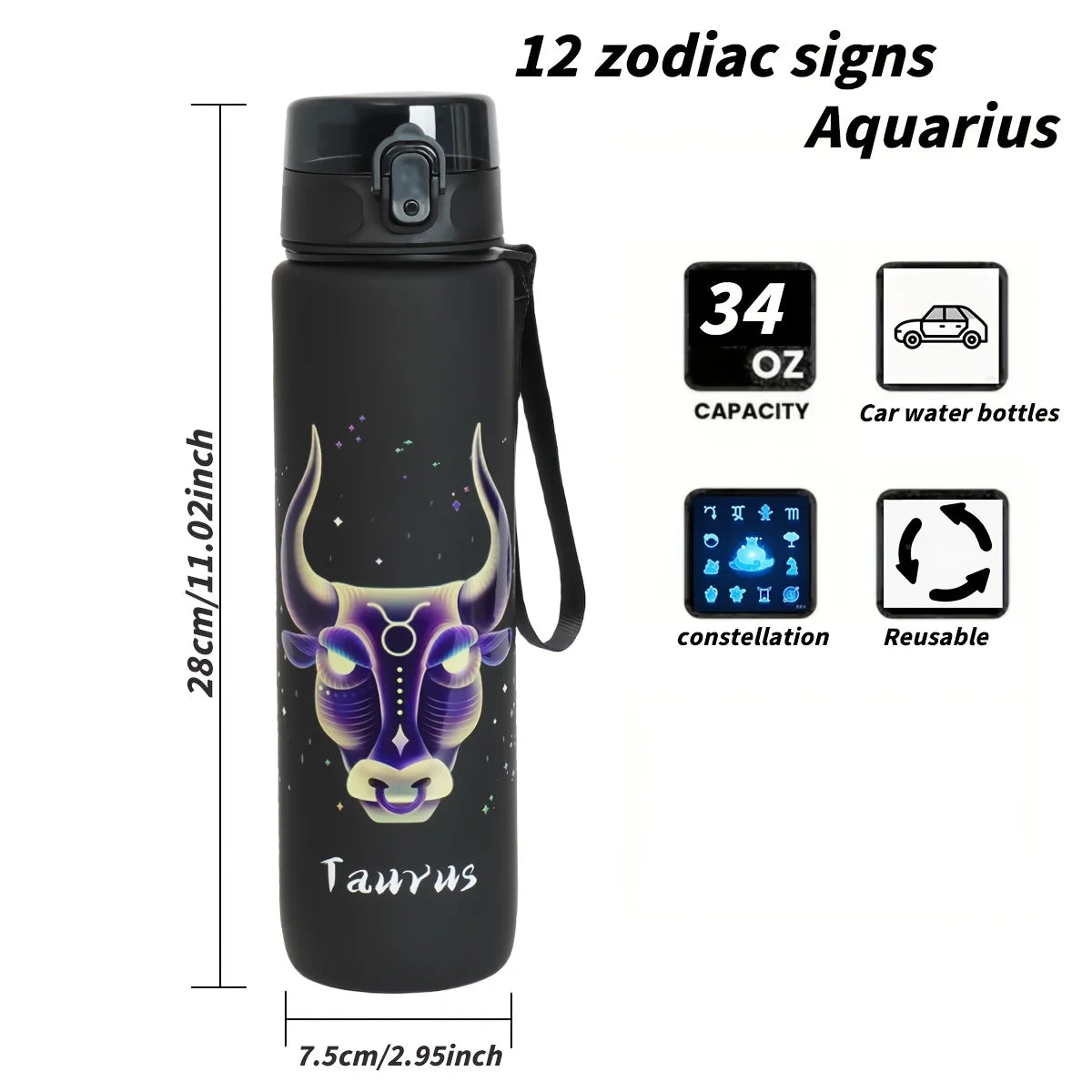 1000ml/34OZ outdoor sports constellation water bottle, with lid, leak-proof and durable, suitable for running, cycling, a gift