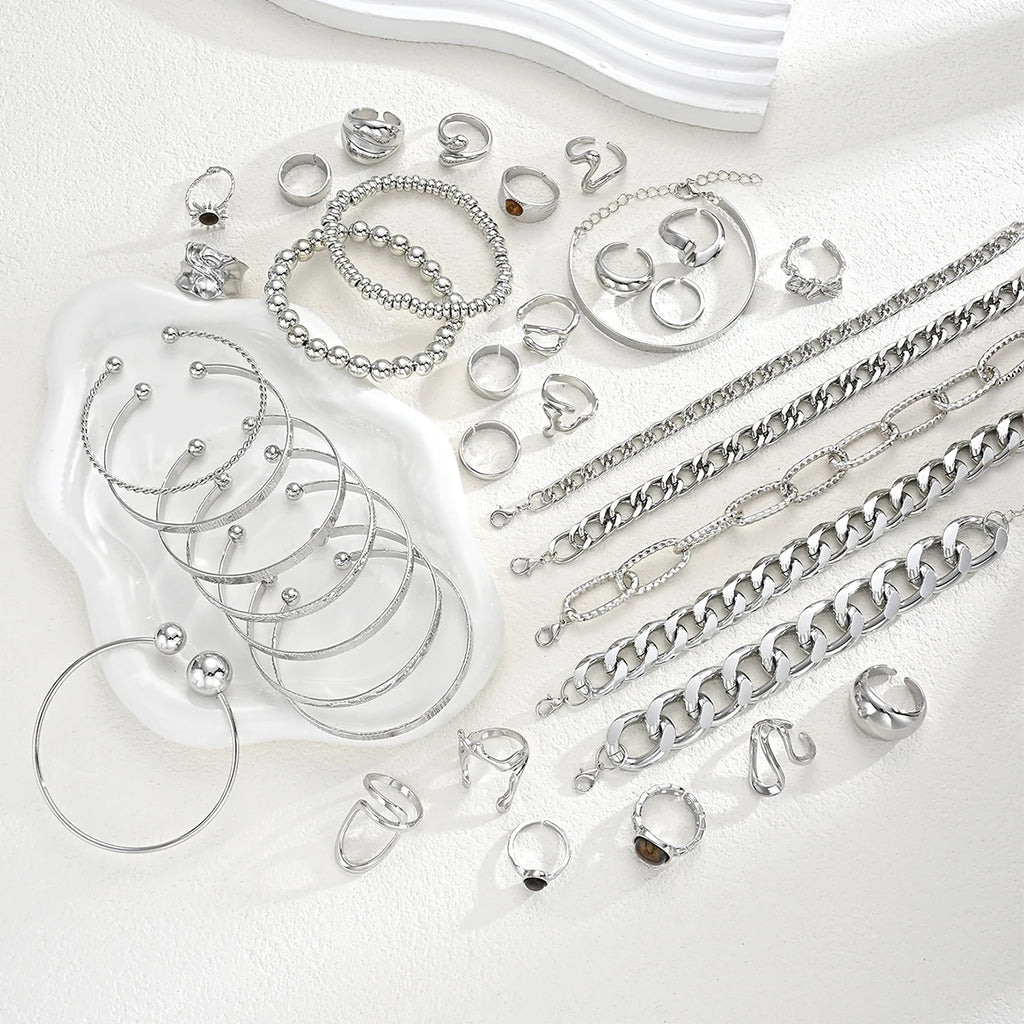 37Pcs Silver Stackable Jewelry Set For Women Minimalist Trendy Layered Chain Bangle Adjustable Finger Ring Party Daily Wear Gift