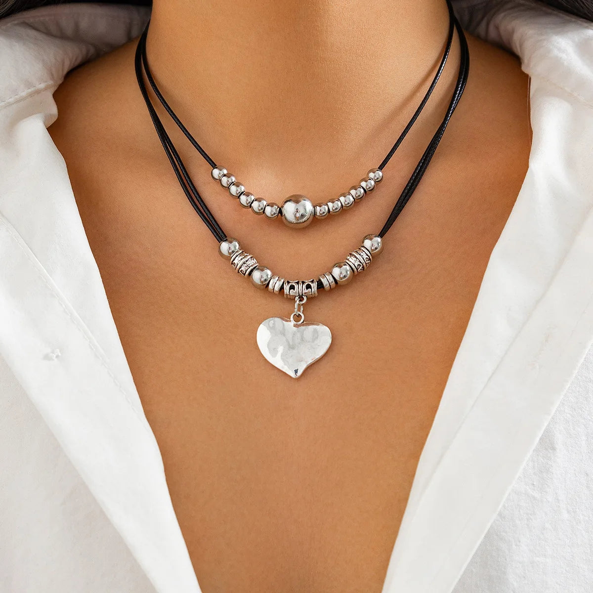 Multilayer Black Leather Adjustable Necklace Charm Bracelet for Women Daily Aesthetic Party Jewelry Set Gift