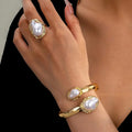 Simple Imitation Pearl Opening Adjustable Bracelet Ring Set For Women Gold Color Irregular Pearl Jewelry Party Wedding Gifts