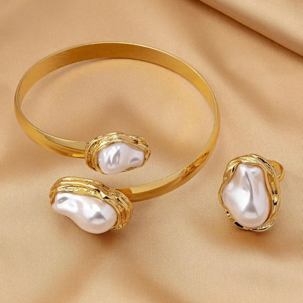 Simple Imitation Pearl Opening Adjustable Bracelet Ring Set For Women Gold Color Irregular Pearl Jewelry Party Wedding Gifts