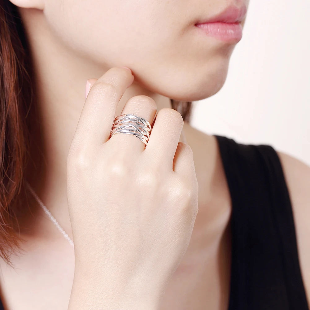 925 Sterling Silver Rings Bracelets Jewelry Set Women Fine Retro Multi-Line Bangle Adjustable Size Fashion Party Holiday Gifts