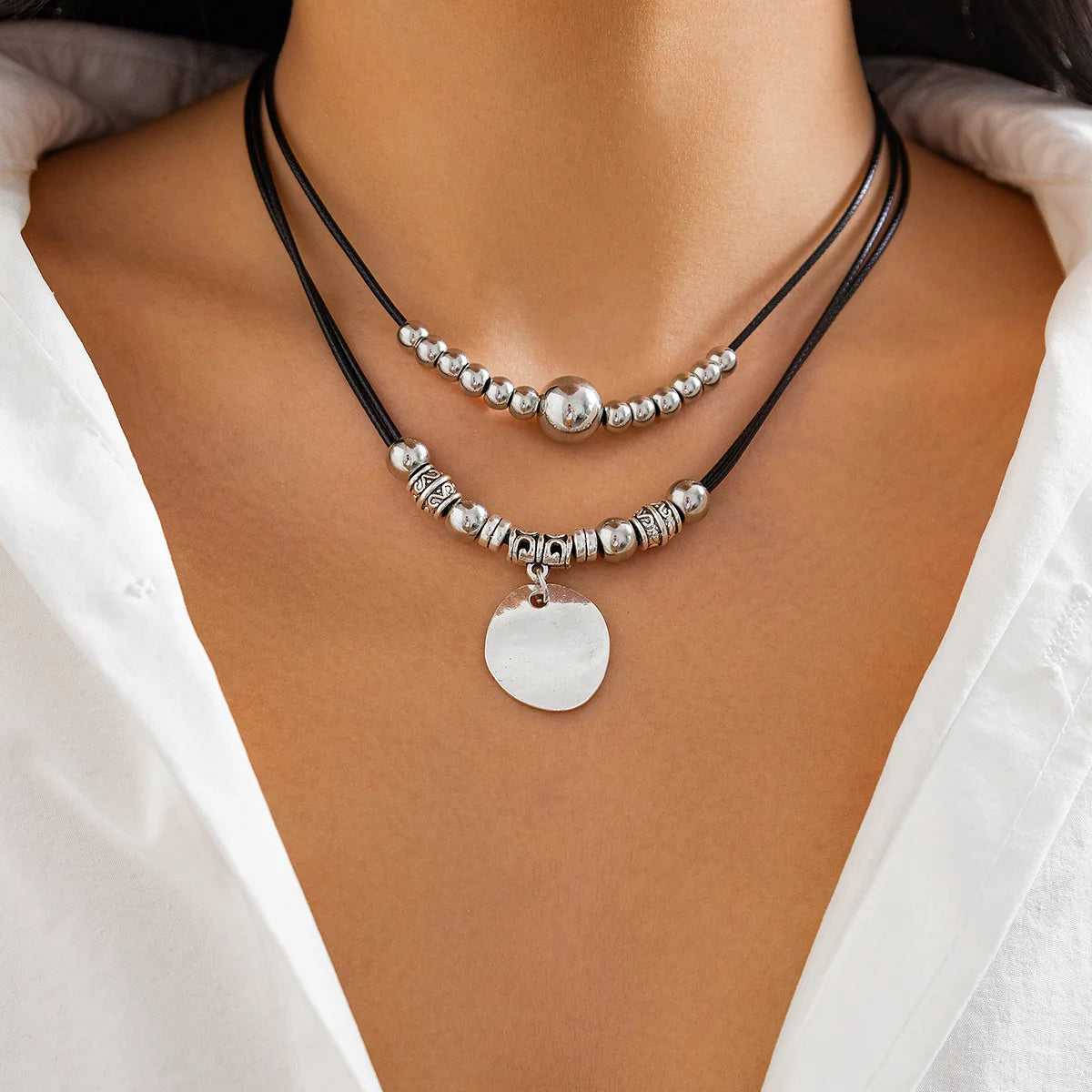 Multilayer Black Leather Adjustable Necklace Charm Bracelet for Women Daily Aesthetic Party Jewelry Set Gift