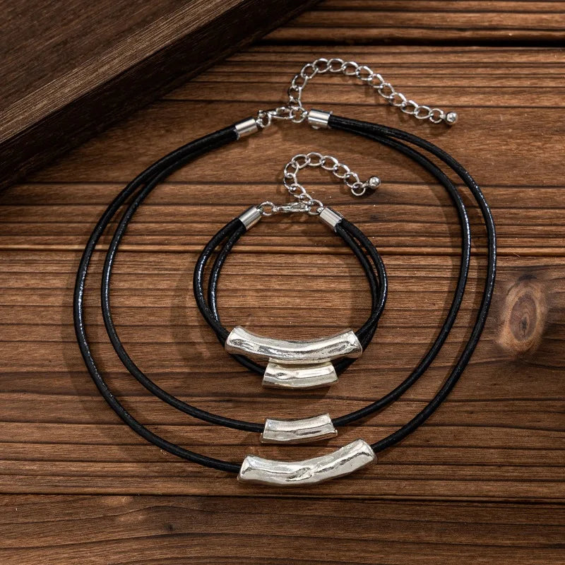 Multilayer Black Leather Adjustable Necklace Charm Bracelet for Women Daily Aesthetic Party Jewelry Set Gift
