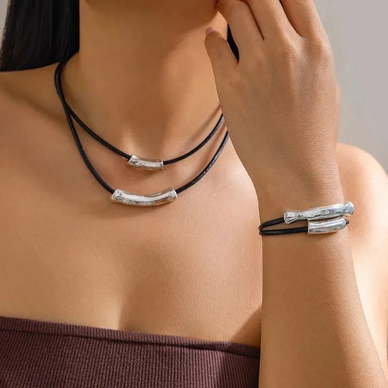 Multilayer Black Leather Adjustable Necklace Charm Bracelet for Women Daily Aesthetic Party Jewelry Set Gift