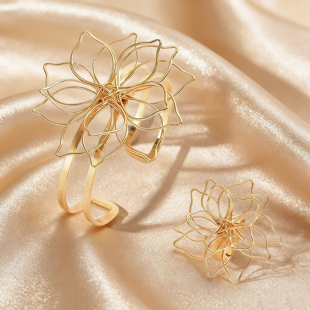 1 set of exaggerated hollow line woven flower ring bracelet set with adjustable opening jewelry for women