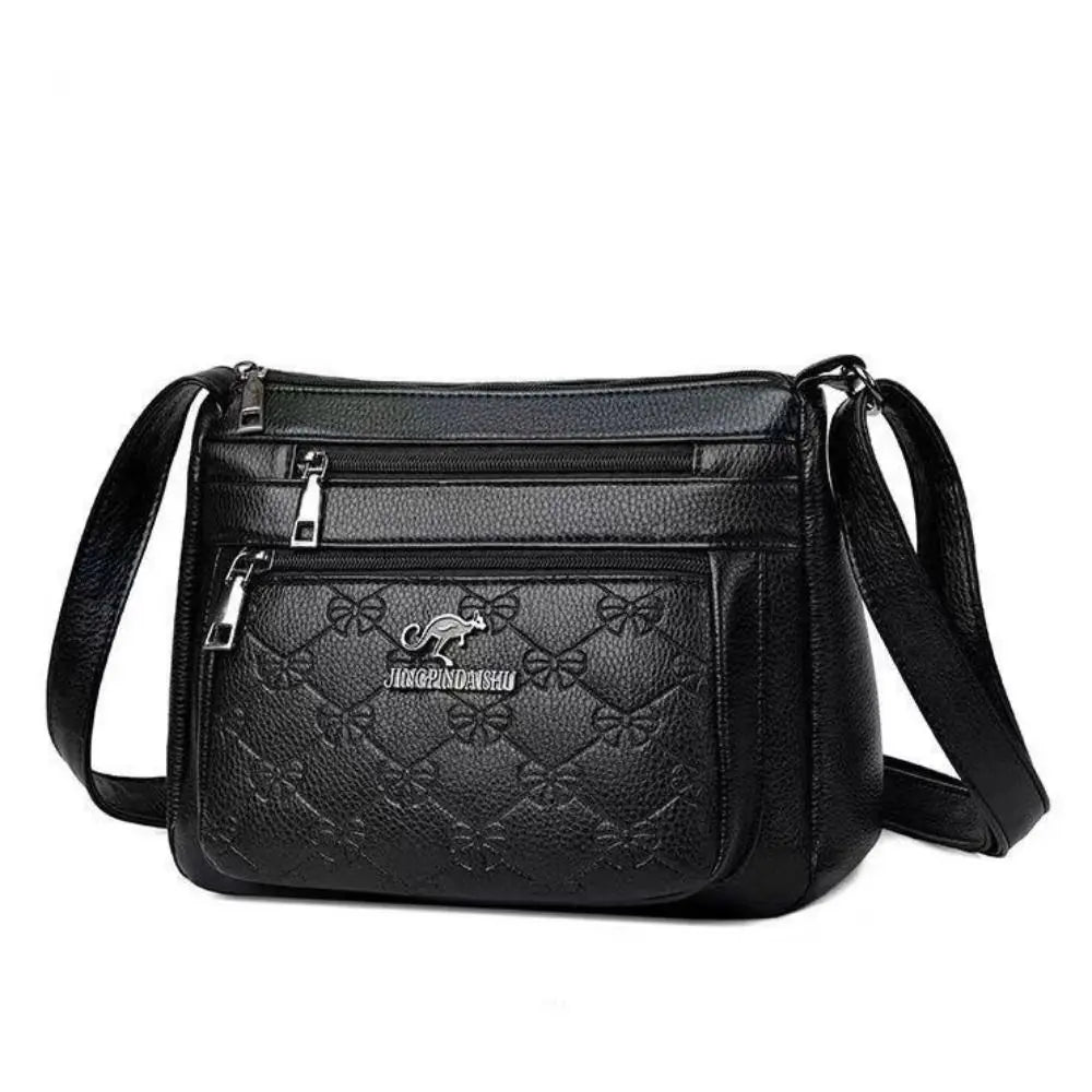Leisure PU Leather Buying Vegetable Bag Large Capacity Multi-layer Shoulder Messenger Bag Black Crossbody Bag Woman