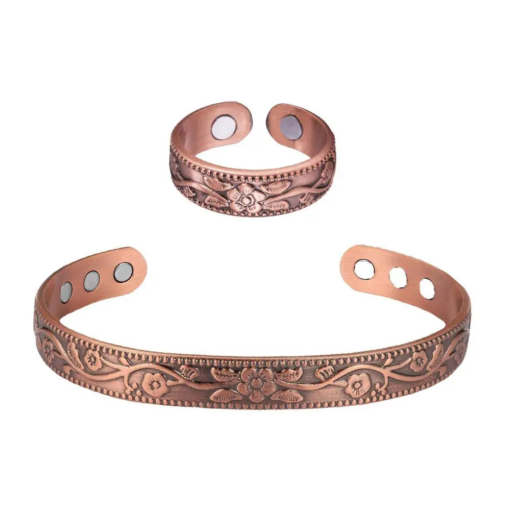Vintage Flower Ring Bracelet Set Adjustable Magnets Cuff Banglse Arthritis Relief Pure Copper Bracelets Energy Jewelry Women Men