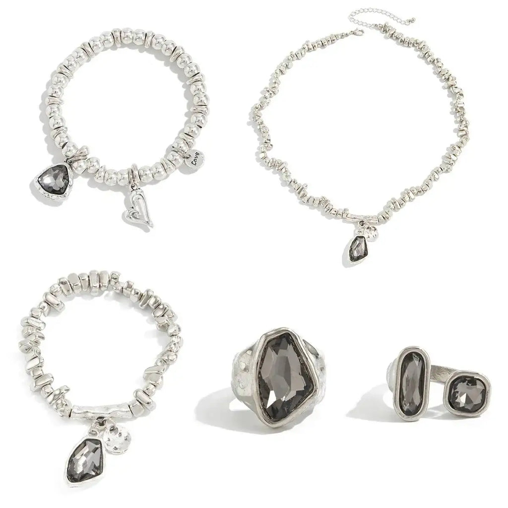 SHIXIN 5Pcs/Set Elegant Rhinestones Acrylic Beaded Necklace Bracelet Ring For Women Luxury Stackable Adjustable Open Jewelry Set