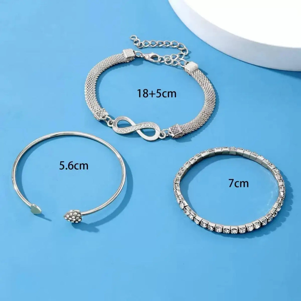3PCS set Fashionable Retro Heart-Shaped Bright Diamond Bracelet With Geometric Adjustable Infinite Cuffs Bracelet Bead Jewelry