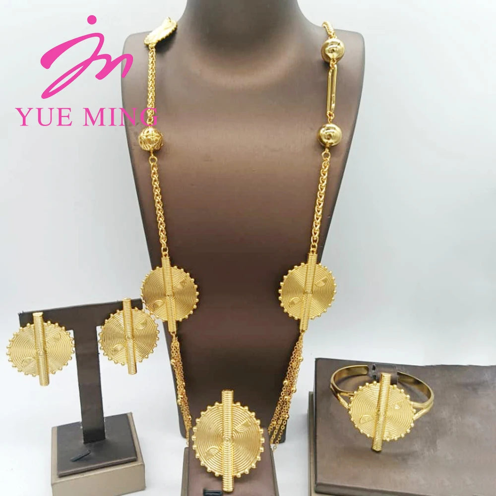 Five Layer Jewelry Set For Women Trendy Long Chain 80cm Necklace Cuff Bangle Adjustable Ring Geometry Earrings Jewelry Accessory