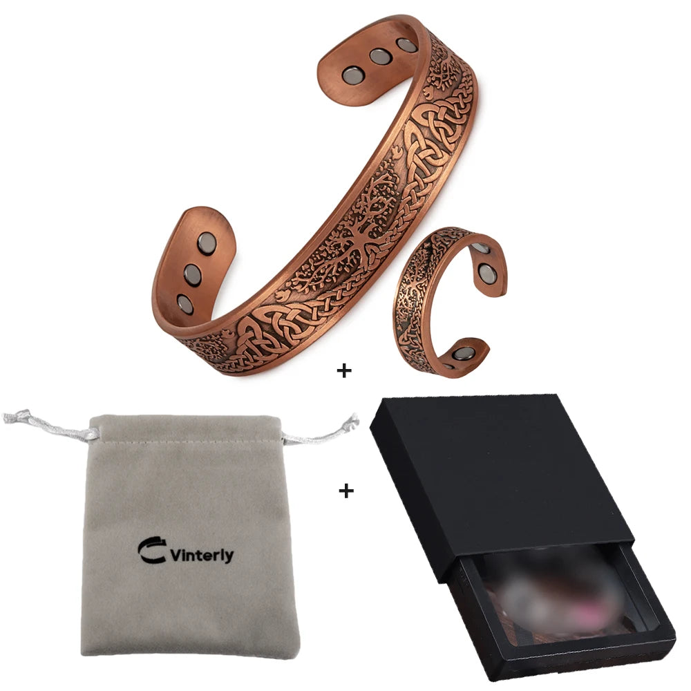 Magnetic Pure Copper Jewelry-Set Yggdrasil Adjustable Vintage Bracelet Ring Resizable Health Viking Jewelry Set for Women Men