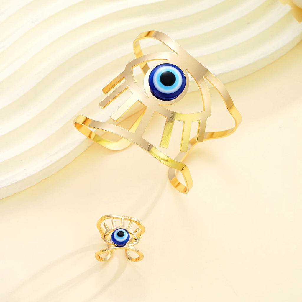 2Pcs/Set Evil Eyes Blue Eye Resin Bracelets Rings For Women Men Fashion Gold Silver Color Open Adjustable Unisex Jewelry Sets