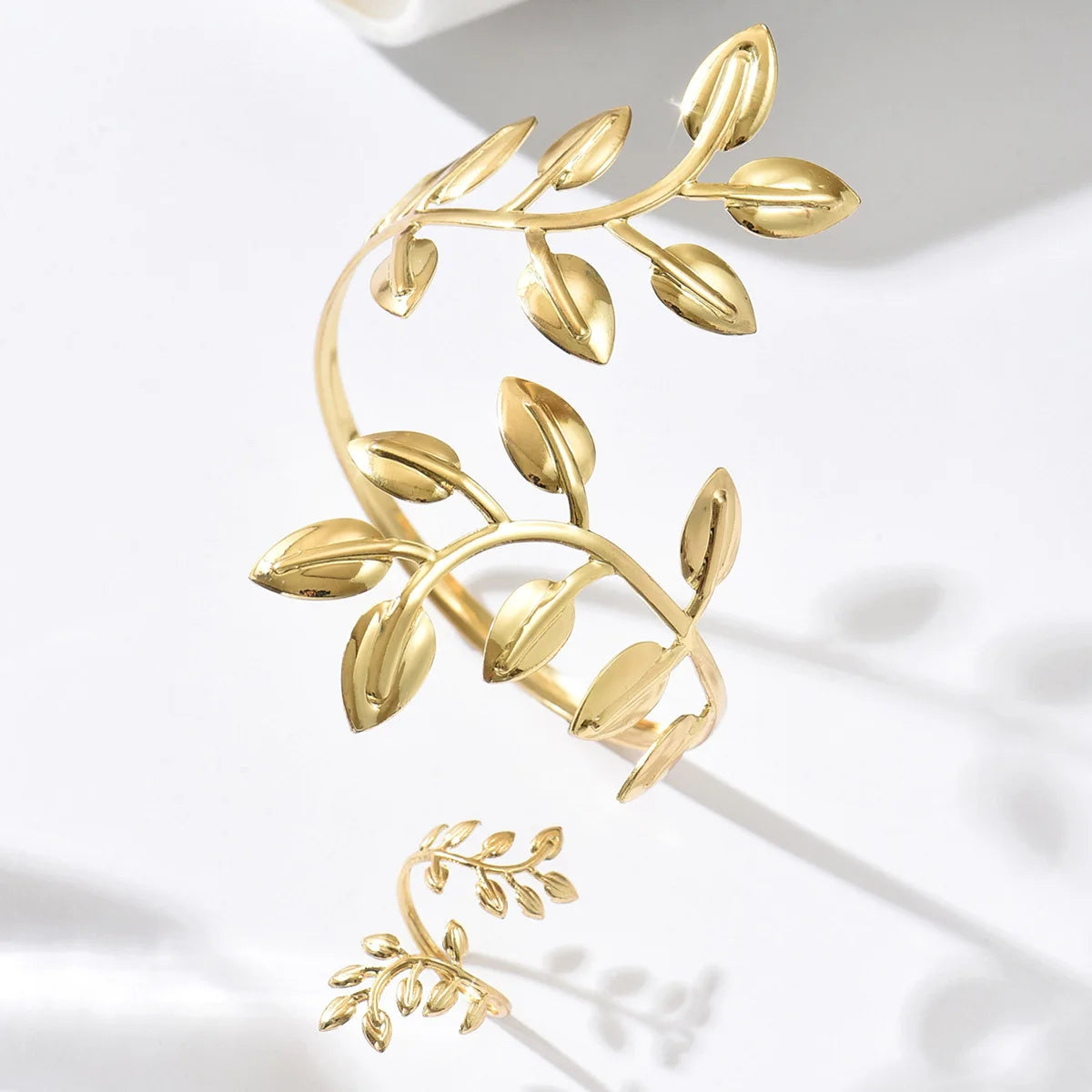 Metal Three-dimensional Leaf Shape Bracelet Ring Set Opening Adjustable Bracelet Body Chain Unisex Style