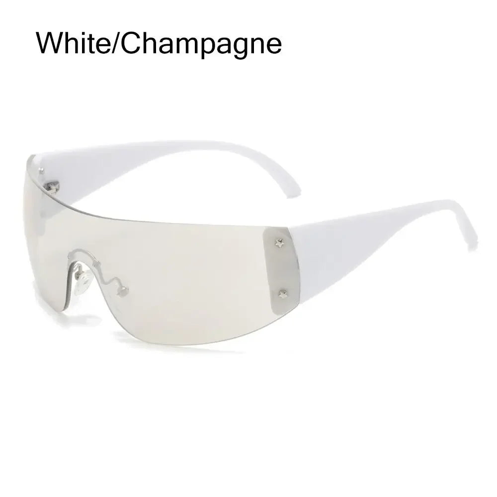 New Y2K Rimless Punk Sunglasses Goggle Women Men Luxury Brand Wrap Around Sun Glasses Five Star Eyewear Sports One Piece Shades
