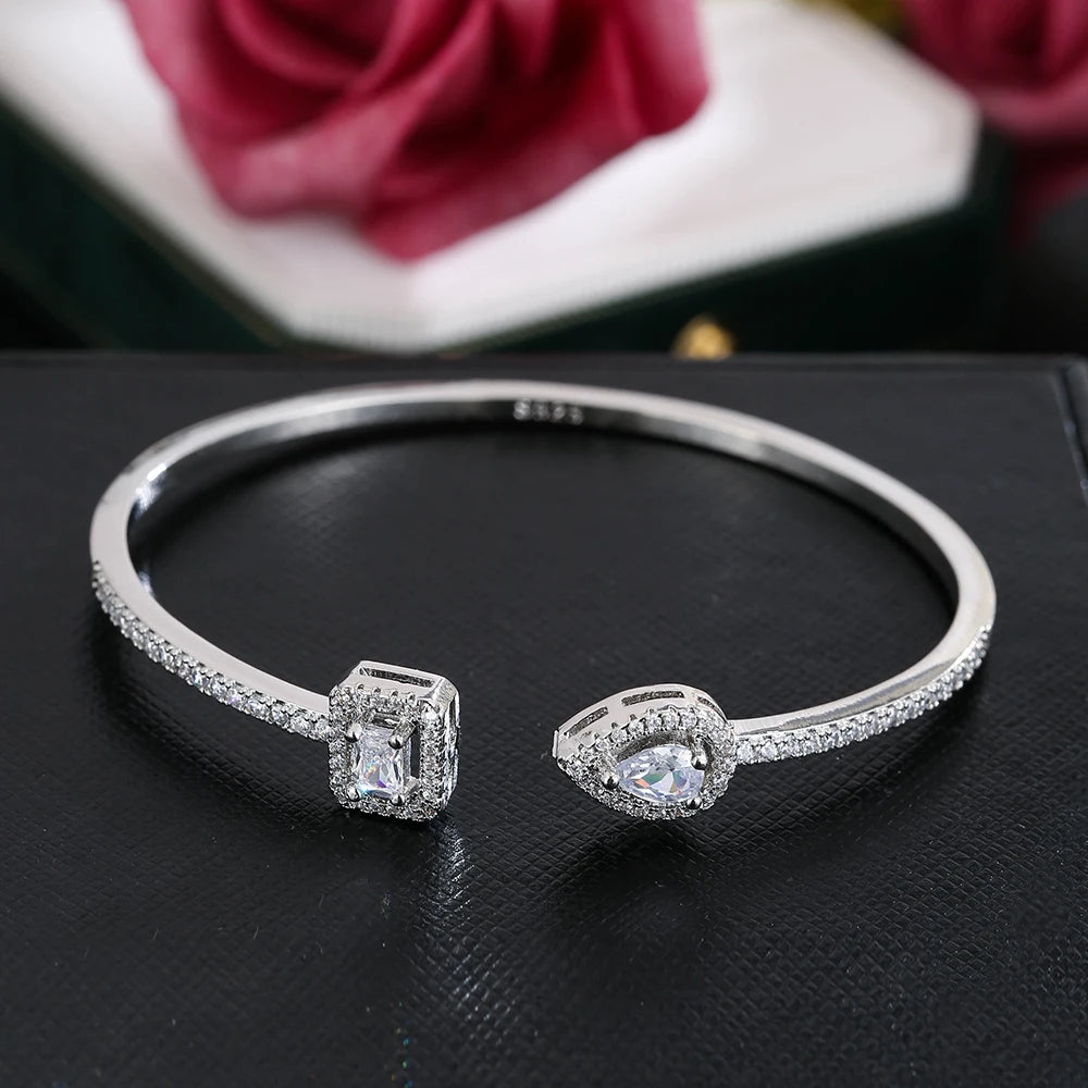 LXOEN 2pcs Pack Green Silver Color Bride Jewelry Set Halo Engagement Ring Adjustable Open Bracelet for Wedding Gift Christmas