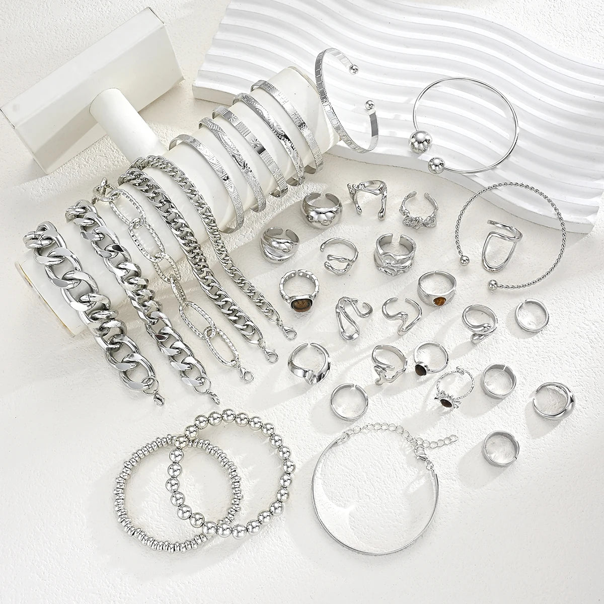 37Pcs Silver Stackable Jewelry Set For Women Minimalist Trendy Layered Chain Bangle Adjustable Finger Ring Party Daily Wear Gift
