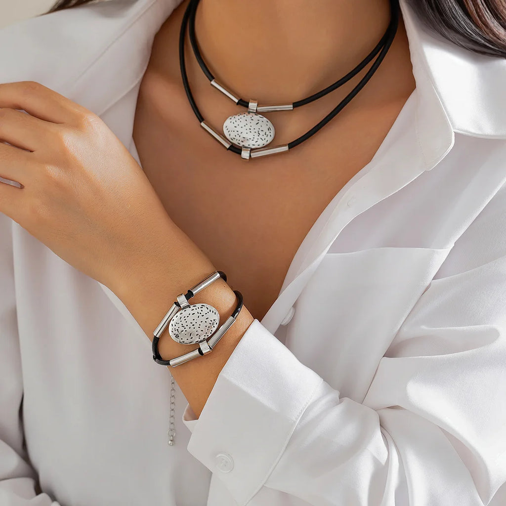 Multilayer Black Leather Adjustable Necklace Charm Bracelet for Women Daily Aesthetic Party Jewelry Set Gift