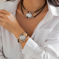 Multilayer Black Leather Adjustable Necklace Charm Bracelet for Women Daily Aesthetic Party Jewelry Set Gift