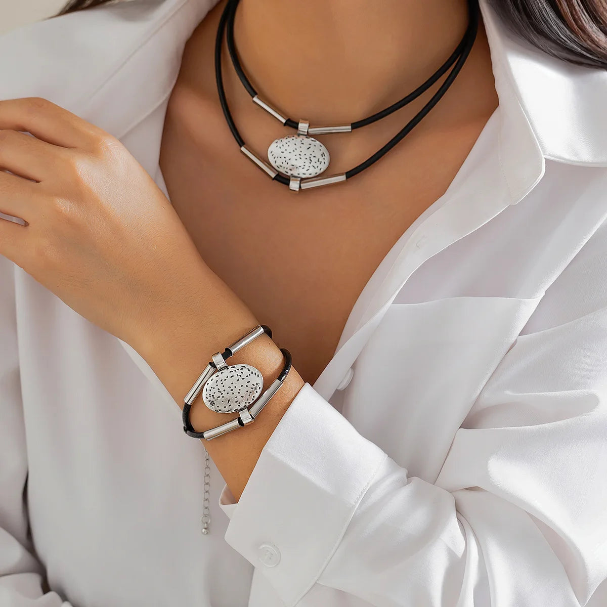 Multilayer Black Leather Adjustable Necklace Charm Bracelet for Women Daily Aesthetic Party Jewelry Set Gift