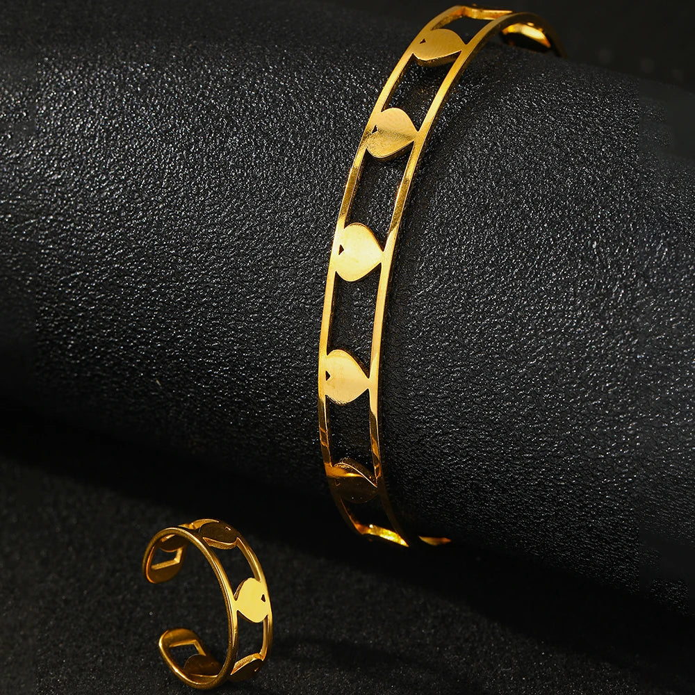 DOTIFI Stainless Steel Heart Bracelet Ring Jewelry Set Opening Adjustable Fashion Simple Commuter Hand Jewelry Women Party Gifts