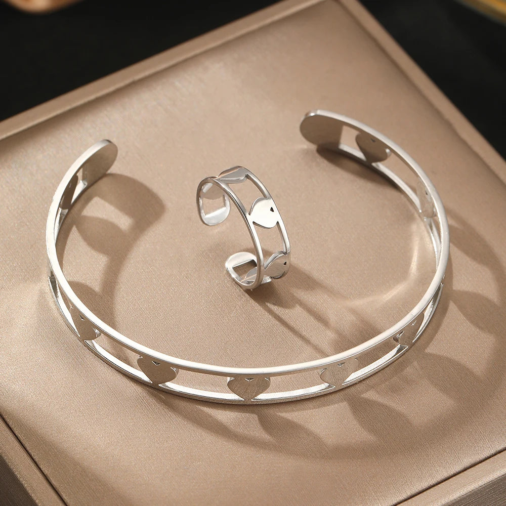 DOTIFI Stainless Steel Heart Bracelet Ring Jewelry Set Opening Adjustable Fashion Simple Commuter Hand Jewelry Women Party Gifts