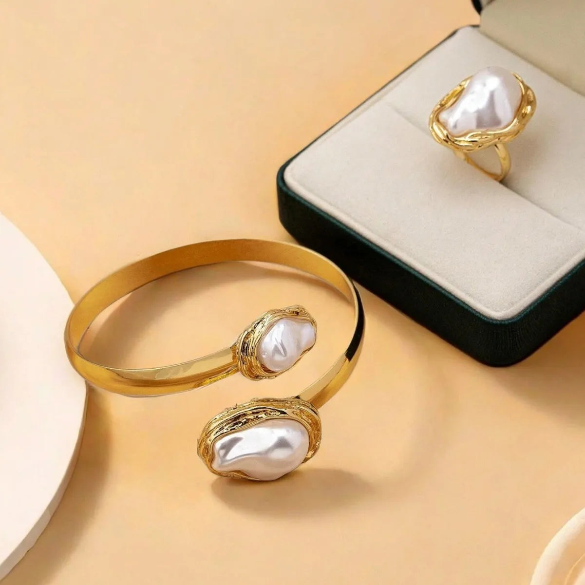 Simple Imitation Pearl Opening Adjustable Bracelet Ring Set For Women Gold Color Irregular Pearl Jewelry Party Wedding Gifts