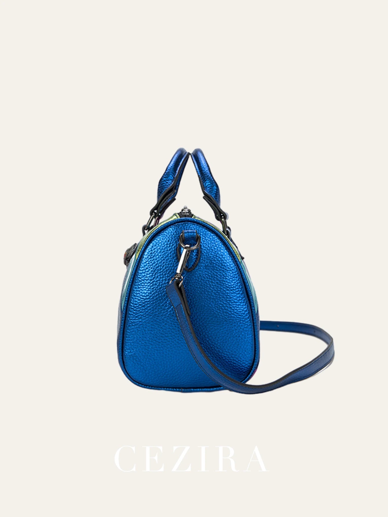 CEZIRA Luxury Metallic PU Vegan Leather Boston Bag Women Fashion Colorful Stripes Patchwork Top-handle Purse Crossbody Handbags