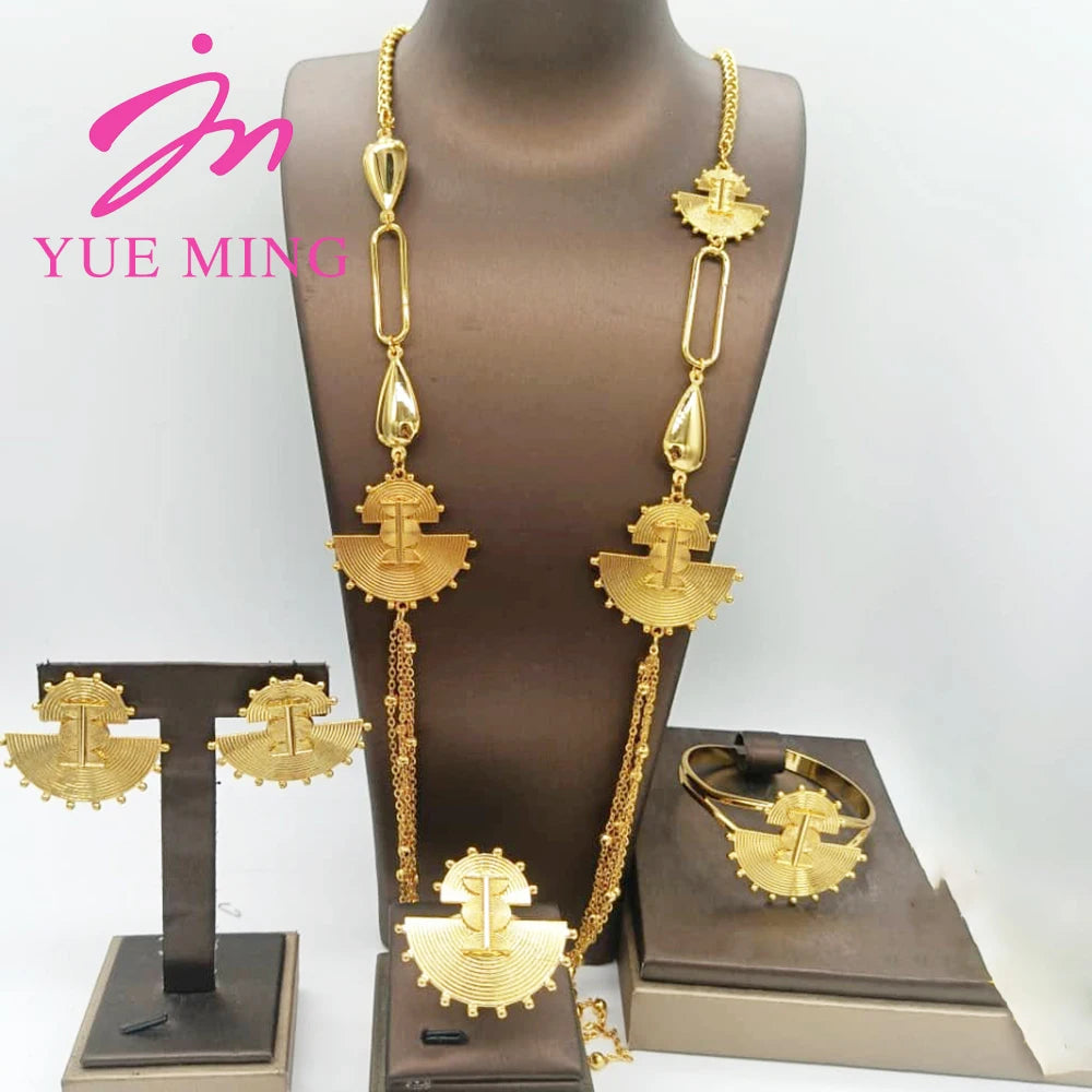 Five Layer Jewelry Set For Women Trendy Long Chain 80cm Necklace Cuff Bangle Adjustable Ring Geometry Earrings Jewelry Accessory