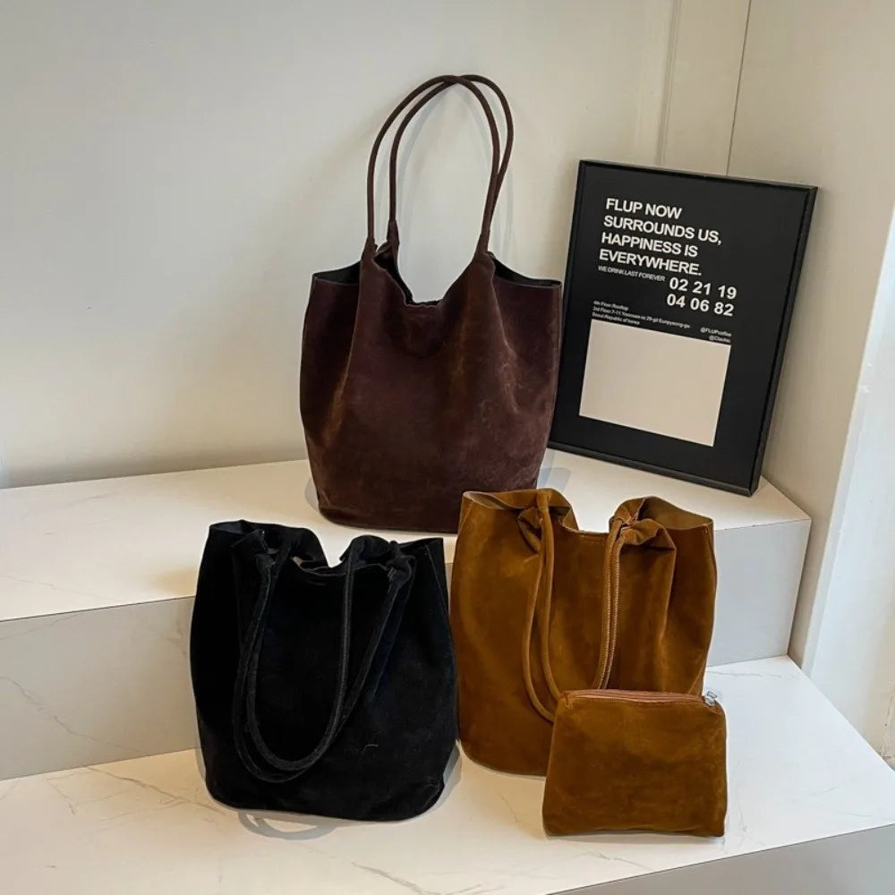 Elegant Retro Underarm Bag Faux Suede Large Capacity Satchel Bag including 1 Small Handbag Solid Color Tote Purse for Women