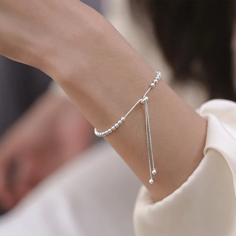 925 Sterling Silver Round Beads Necklace Bracelet Set For Women Luxury Elegant Adjustable Jewelry Wedding Party Gift
