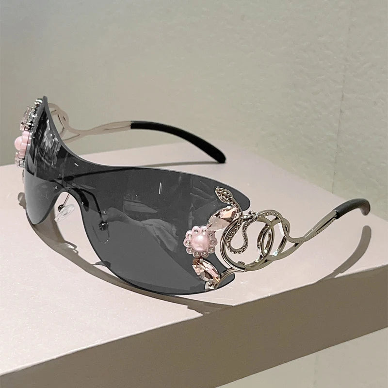 Rimless Y2k Sunglasses with Rhinestones Women Fashion Monoblock Outdoor Decor Shades Trendy Design Gradient Sun Glasses