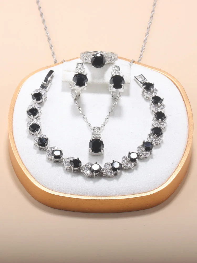 Fine Jewelry Silver 925 Fashion Party Women Dress Accessories CZ Hoop Earrings Necklace Bracelet Adjustable Ring 5-Piece Sets