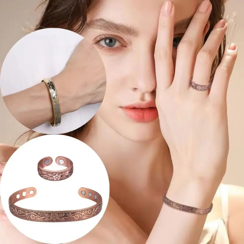 Vintage Flower Ring Bracelet Set Adjustable Magnets Cuff Banglse Arthritis Relief Pure Copper Bracelets Energy Jewelry Women Men