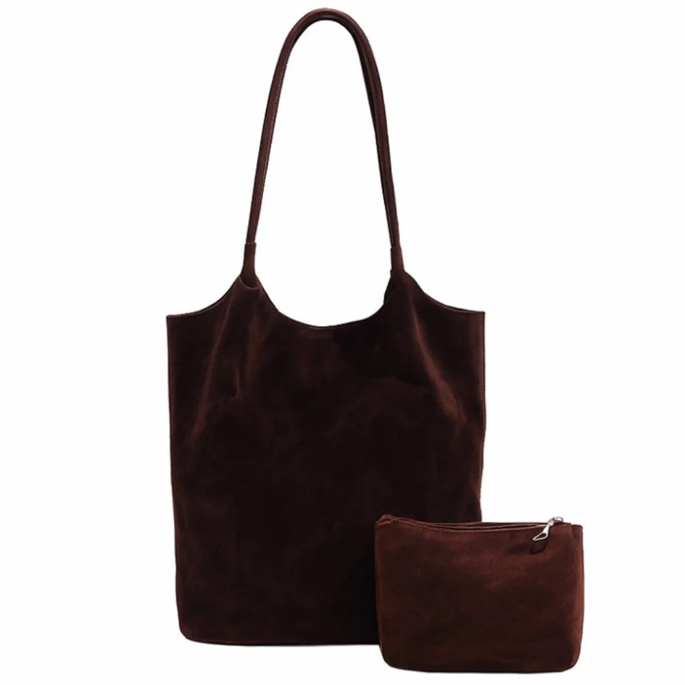 Elegant Retro Underarm Bag Faux Suede Large Capacity Satchel Bag including 1 Small Handbag Solid Color Tote Purse for Women