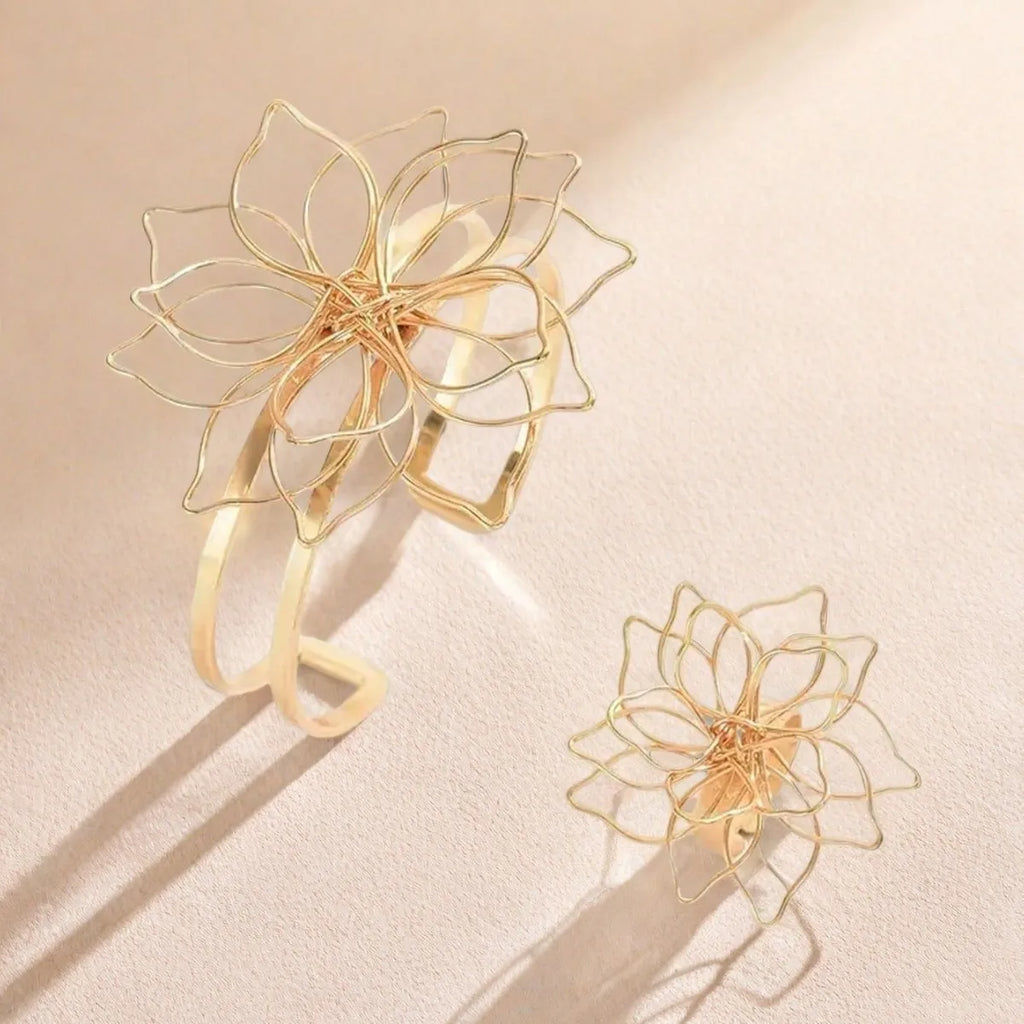 1 set of exaggerated hollow line woven flower ring bracelet set with adjustable opening jewelry for women