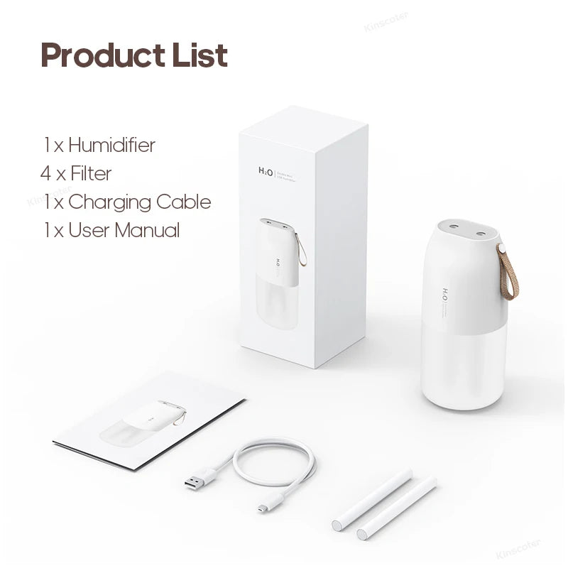 KINSCOTER Ultrasonic Air Humidifier 300ml 2000mAh Battery USB Sprayer Diffuser Releases Smooth Water Mists for Home Office