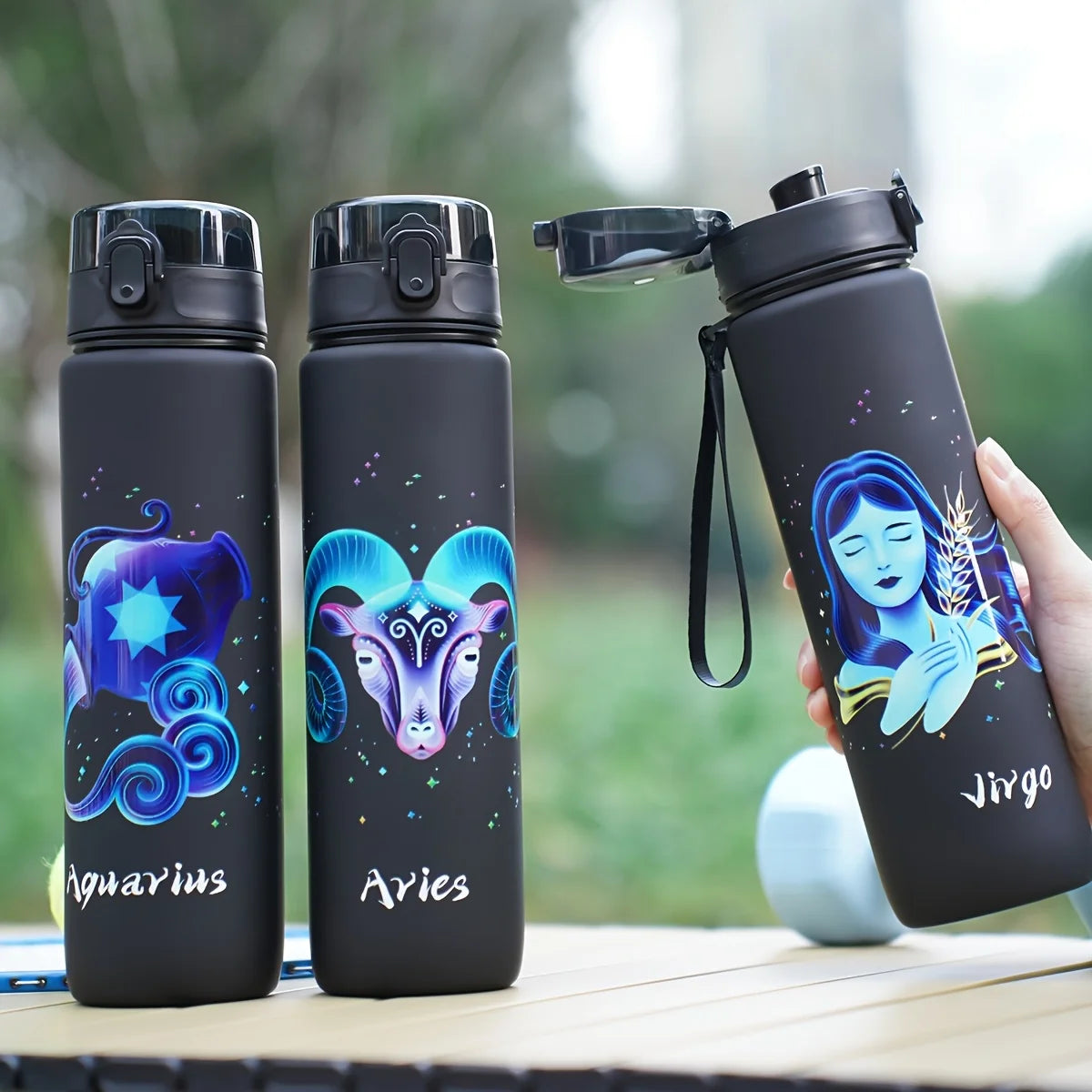 1000ml/34OZ outdoor sports constellation water bottle, with lid, leak-proof and durable, suitable for running, cycling, a gift