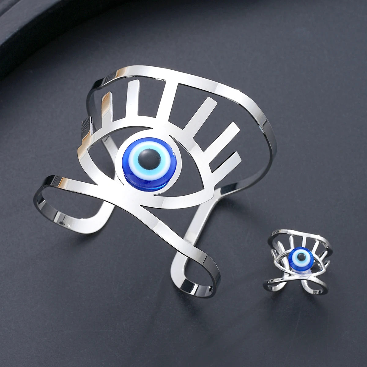 2Pcs/Set Evil Eyes Blue Eye Resin Bracelets Rings For Women Men Fashion Gold Silver Color Open Adjustable Unisex Jewelry Sets