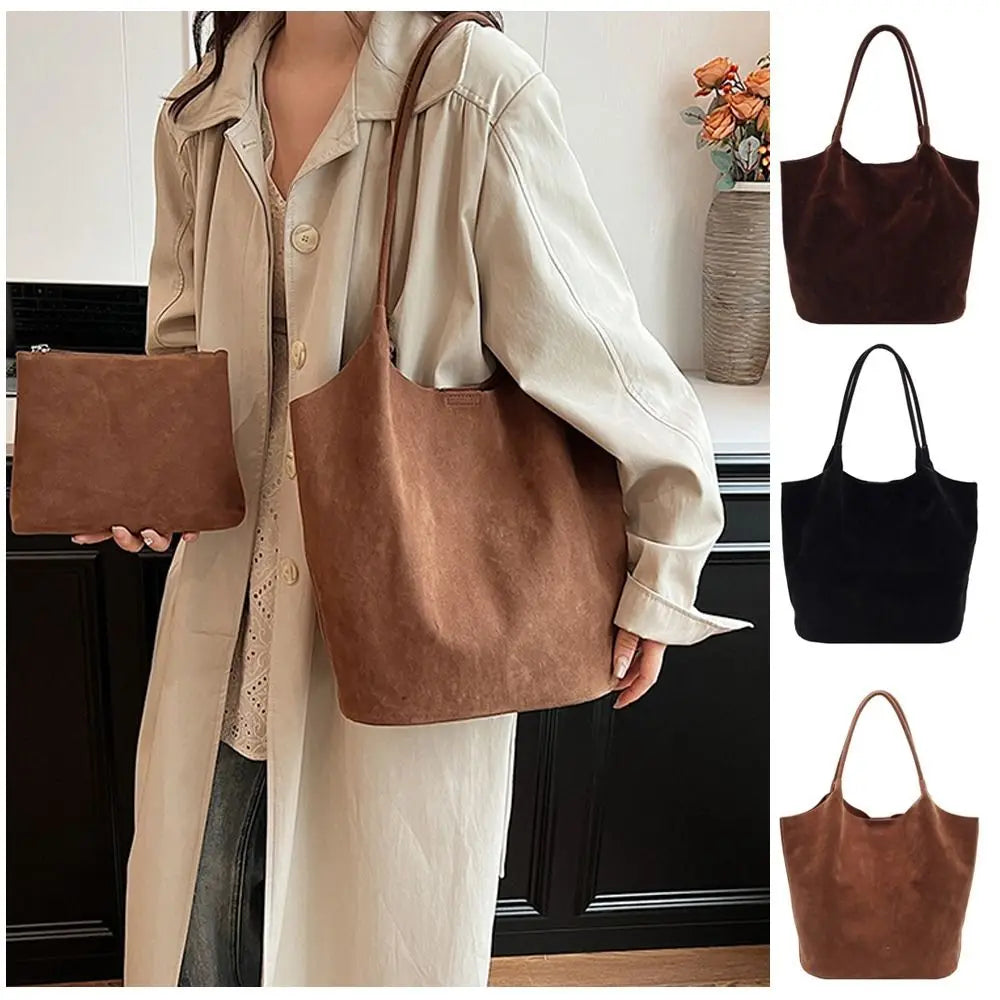 Elegant Retro Underarm Bag Faux Suede Large Capacity Satchel Bag including 1 Small Handbag Solid Color Tote Purse for Women