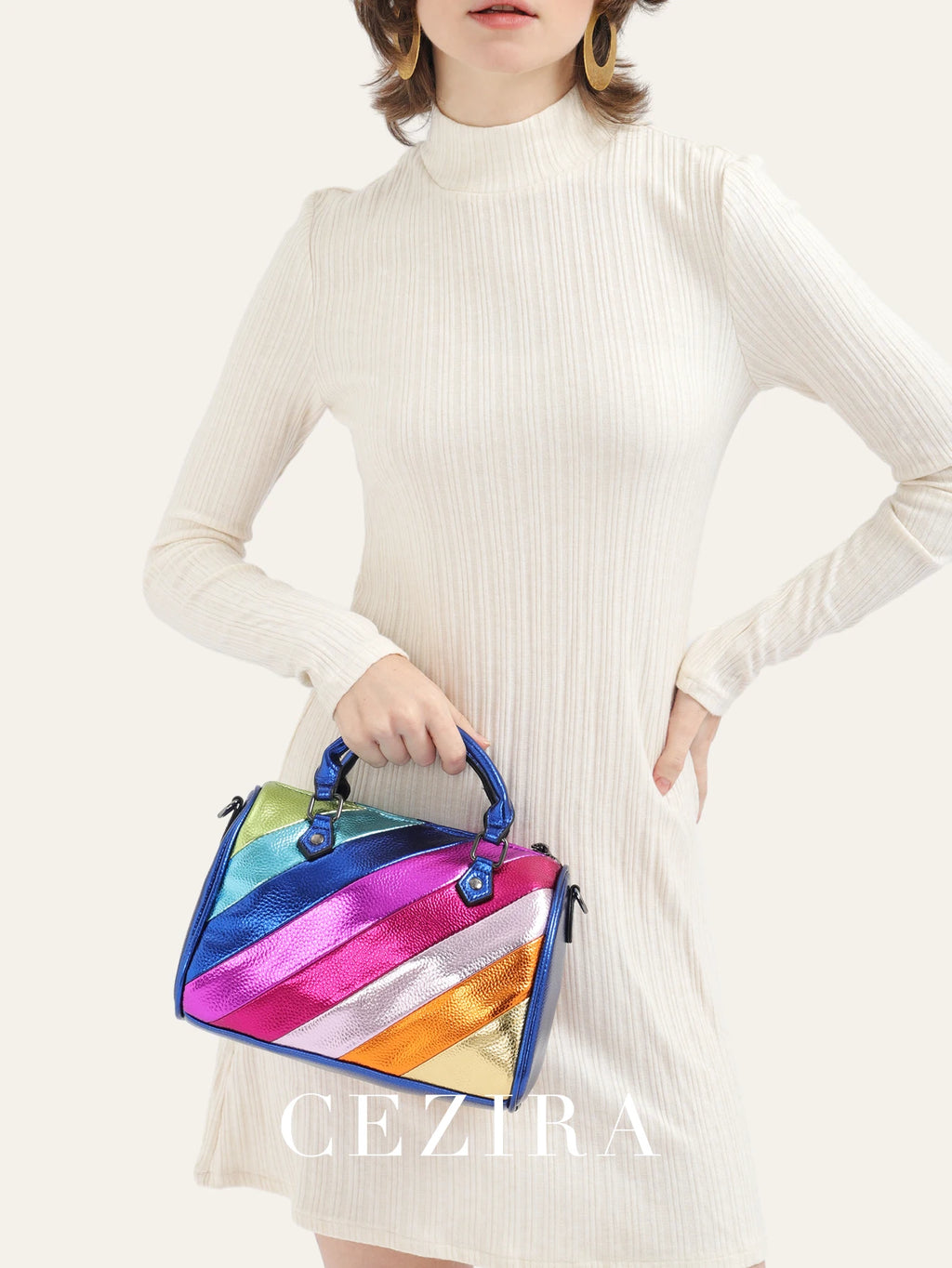 CEZIRA Luxury Metallic PU Vegan Leather Boston Bag Women Fashion Colorful Stripes Patchwork Top-handle Purse Crossbody Handbags