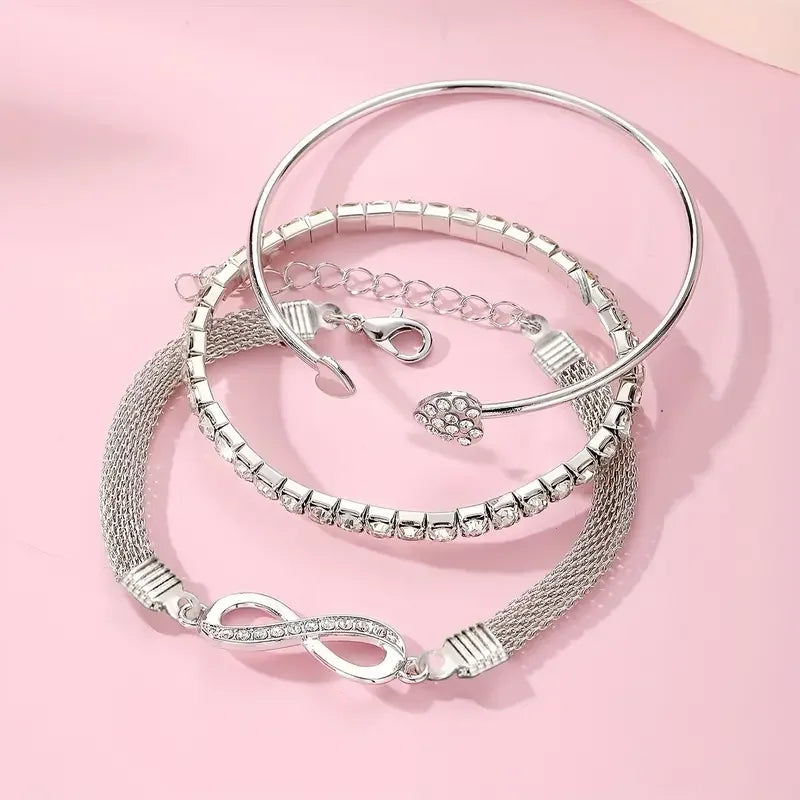 3pcs/Set Vintage Crystal Rhinestone Heart Bracelets for Women Fashion Geometric Adjustable Infinity Cuff Bangle Jewelry Gifts