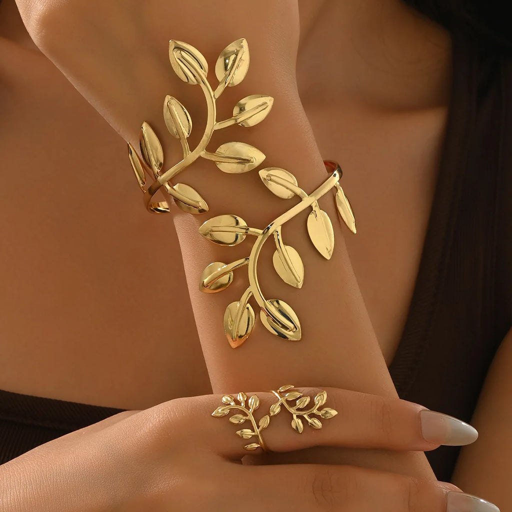 Metal Three-dimensional Leaf Shape Bracelet Ring Set Opening Adjustable Bracelet Body Chain Unisex Style